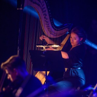 Koncert muzyki filmowej - Crushed Sounds BigBand - Kobieta gra na harfie patrząc w nuty.  - Fot. Przemysław Sroka